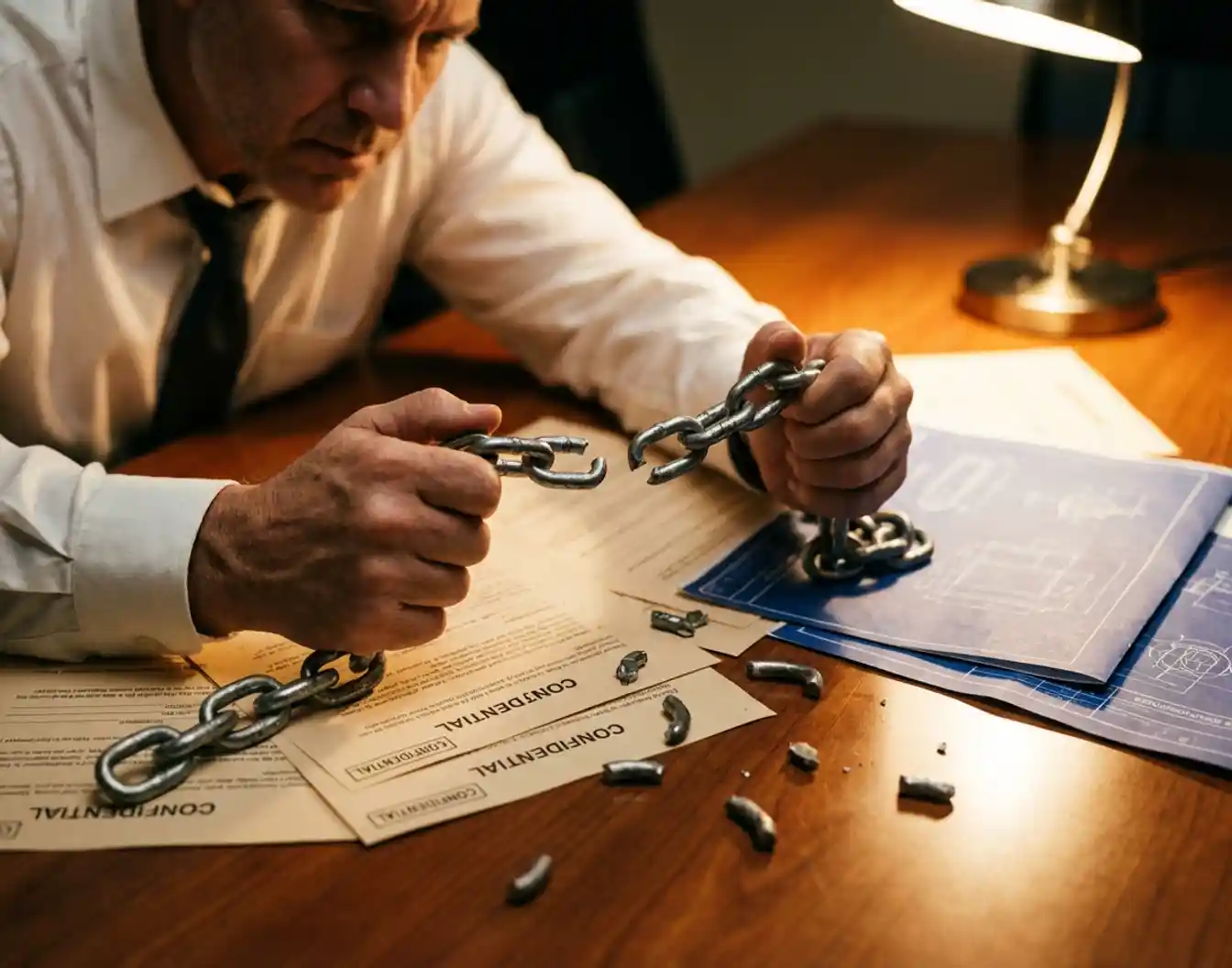 Zakenman houdt gebroken ketting boven contractdocumenten en blauwdrukken op vergadertafel