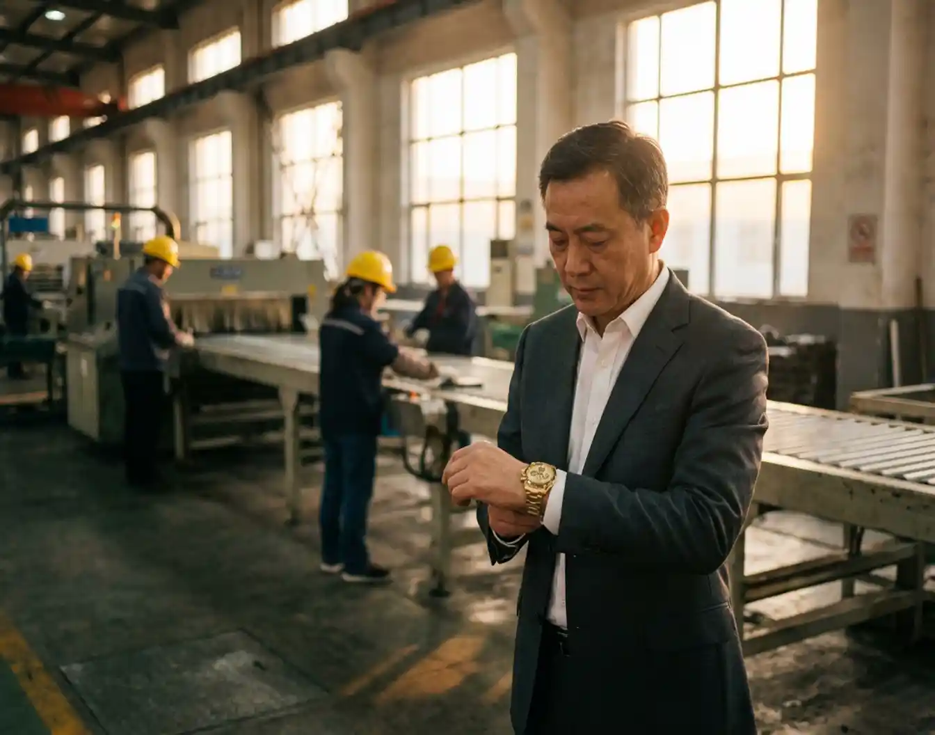 Zakenman in pak controleert horloge naast industriële assemblagelijn met werknemers in veiligheidshelmen