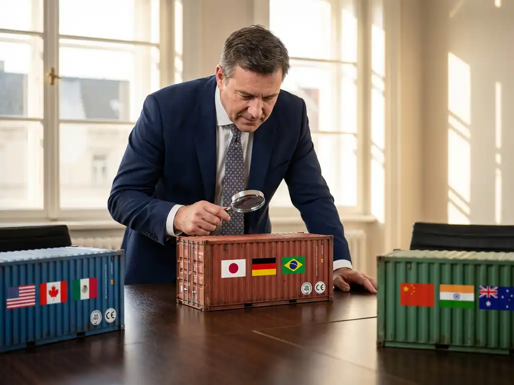 Zakenman in pak onderzoekt drie zeecontainers met internationale vlaggen op houten vergadertafel in kantoor