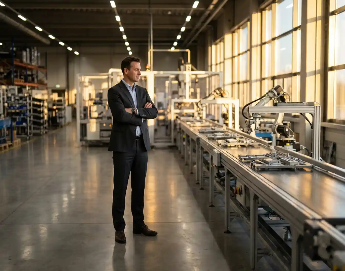 Professionele zakenman in pak observeert geautomatiseerde productielijn in moderne industriële faciliteit