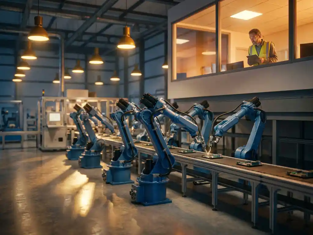 Moderne fabrieksvloer met geautomatiseerde robotarmen die consumentenproducten assembleren onder toezicht van supervisor