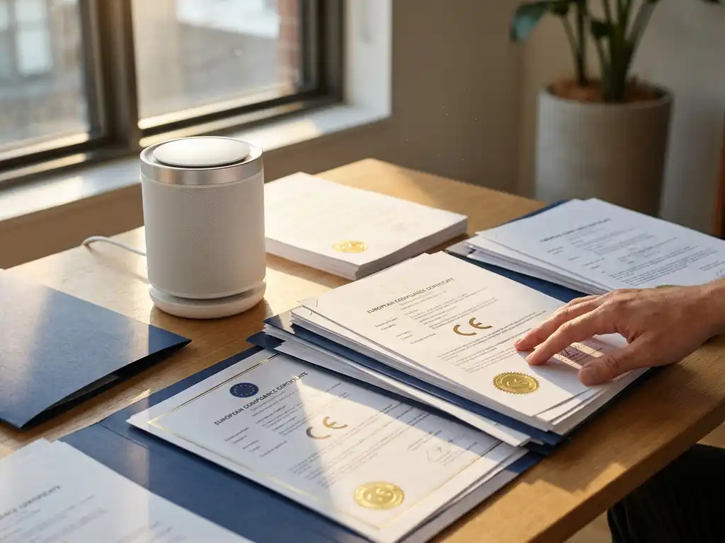Stapel Europese conformiteitscertificaten met CE-markering en elektronisch product op modern kantoorbureau
