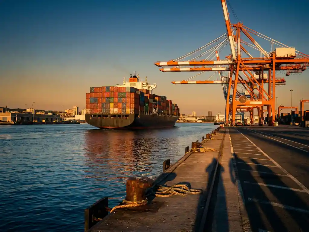 Vrachtschip met kleurrijke containers nadert Europese haventerminal met hijskranen tijdens gouden uur