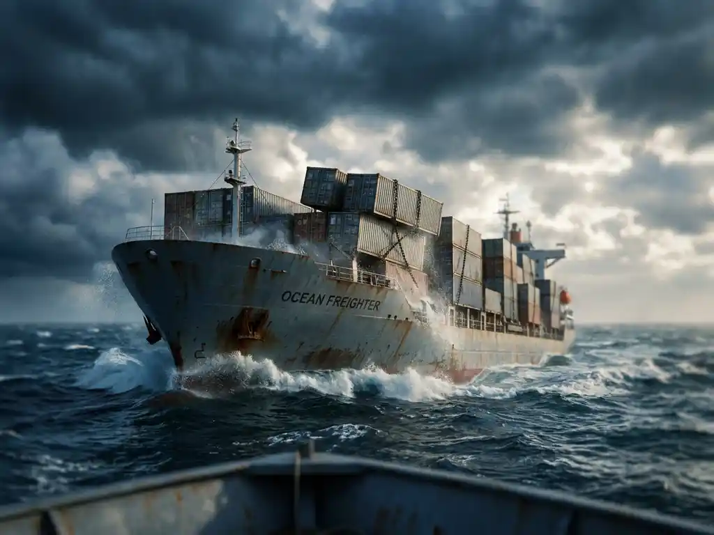 Containerschip vaart door ruwe oceaan met donkere stormwolken, containers wankelen op dek terwijl golven tegen romp slaan