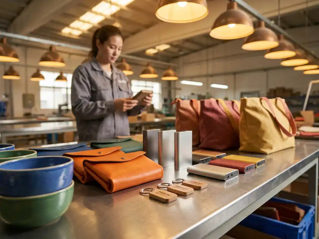 Kleine batch op maat vervaardigde consumentenproducten op gepolijste fabrieksinspectietafel met huishoudelijke artikelen en reisaccessoires