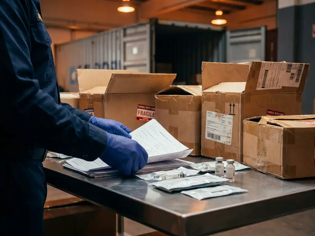 Douanebeambte in handschoenen inspecteert documenten en productmonsters op stalen tafel met geopende dozen en container op achtergrond