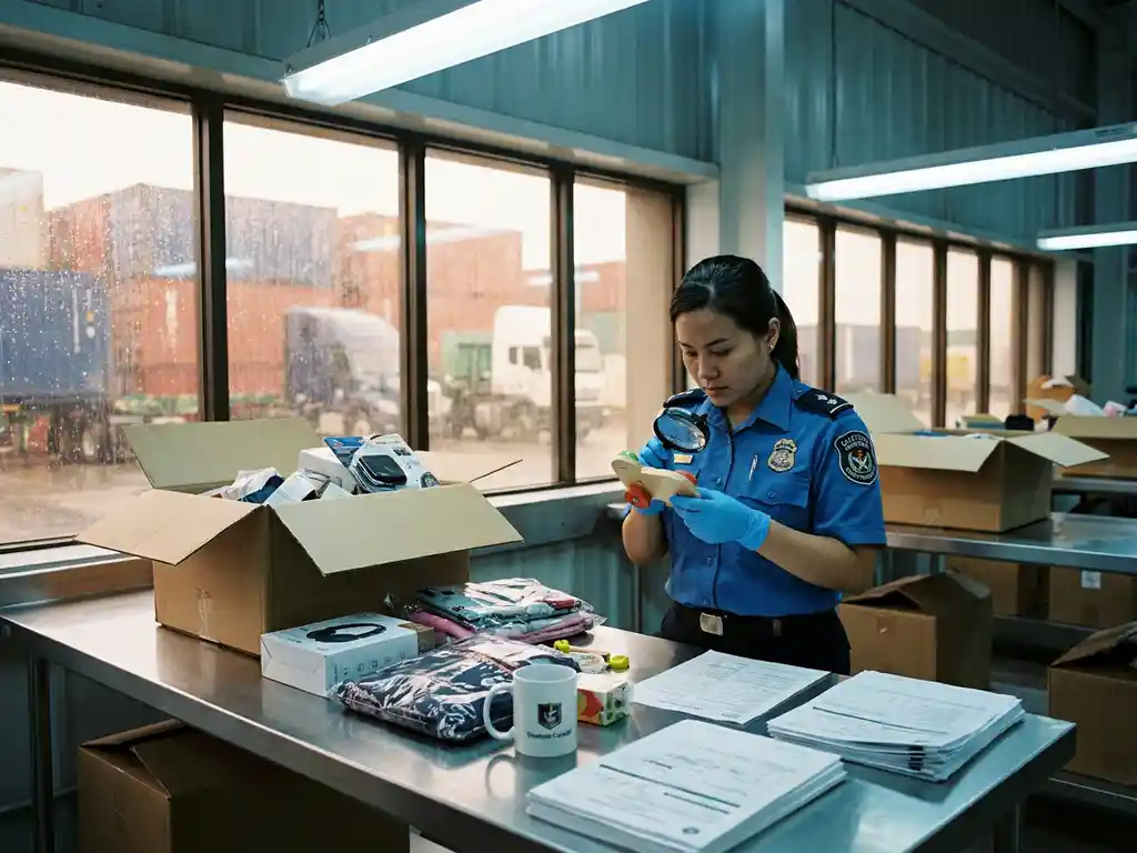 Douanebeambte inspecteert geïmporteerde consumentengoederen op roestvrijstalen tafel in magazijn met containers