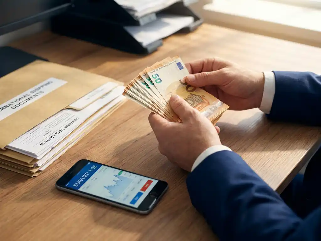 Zakenman telt eurobiljetten naast smartphone met wisselkoersen en internationale verzendingsdocumenten op houten bureau