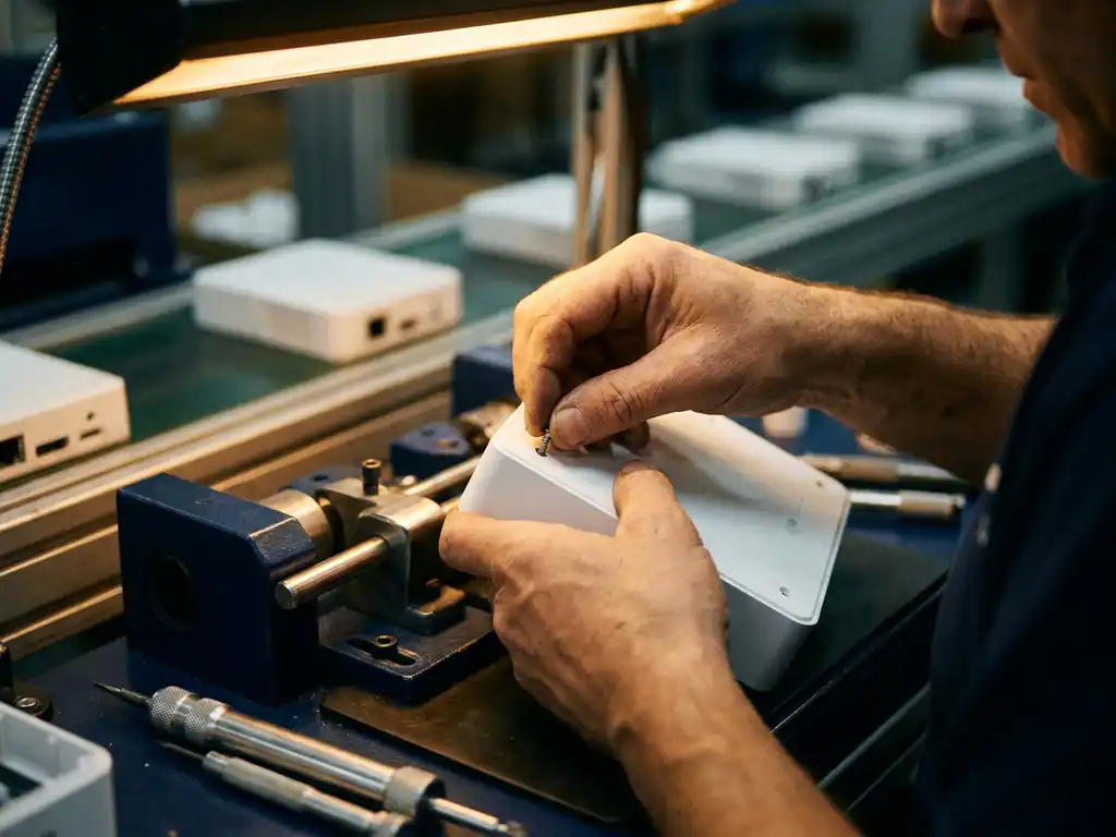 Fabriekswerker assembleert consumentenproduct op moderne productielijn met transportband op de achtergrond