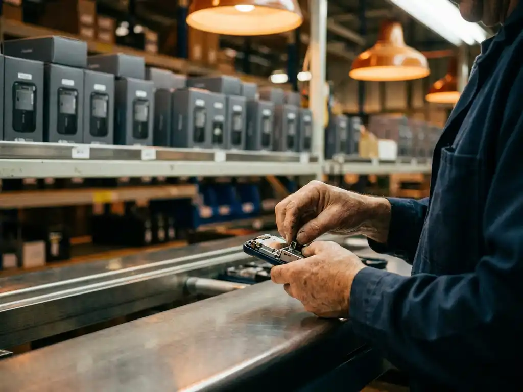 Fabrieksarbeider assembleert zorgvuldig klein consumentenproduct op moderne productielijn met afgewerkte goederen op achtergrond