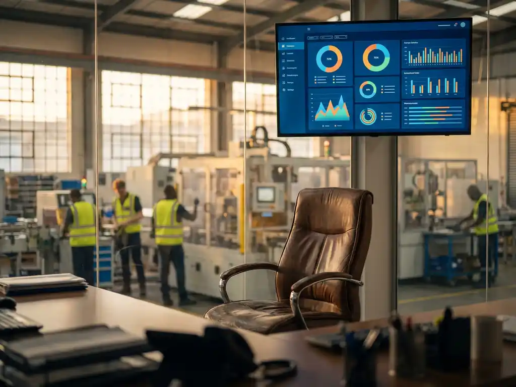 Lege managerstoel voor dashboard met productiegegevens en grafieken, met fabriekshal en werknemers op achtergrond