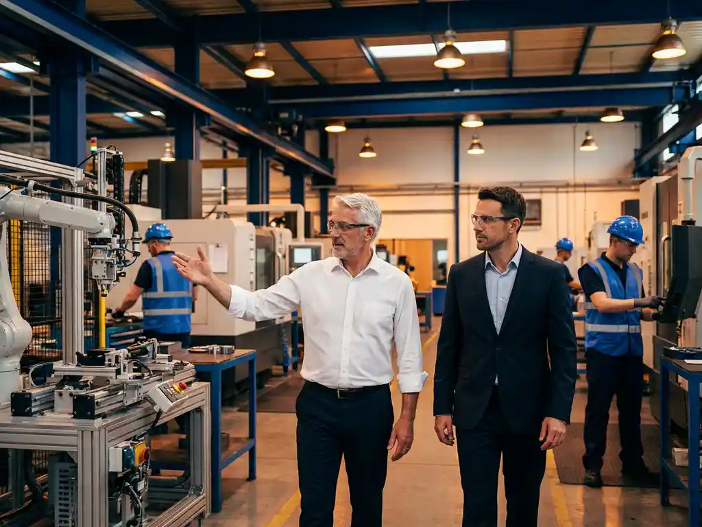 Fabrieksmanager in wit overhemd wijst bezoekende zakenman de weg door moderne productiehal met precisie machines en werknemers