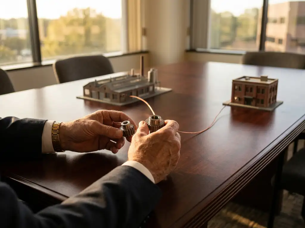 Zakenman onderzoekt productmonsters op houten vergadertafel, één direct verbonden met fabriek, ander via tussenschakel