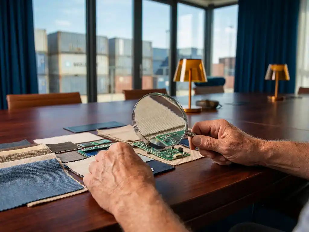 Inkoopmanager inspecteert productstalen met vergrootglas aan houten conferentietafel, scheepscontainers op achtergrond