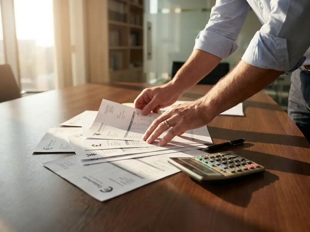 Zakenman rangschikt internationale offertes met verschillende valuta's op houten vergadertafel, rekenmachine en pen ernaast