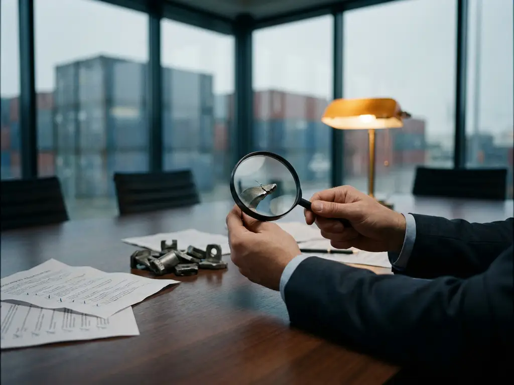 Zakenman inspecteert defect product met vergrootglas op vergadertafel, containers op achtergrond, kwaliteitscontrole