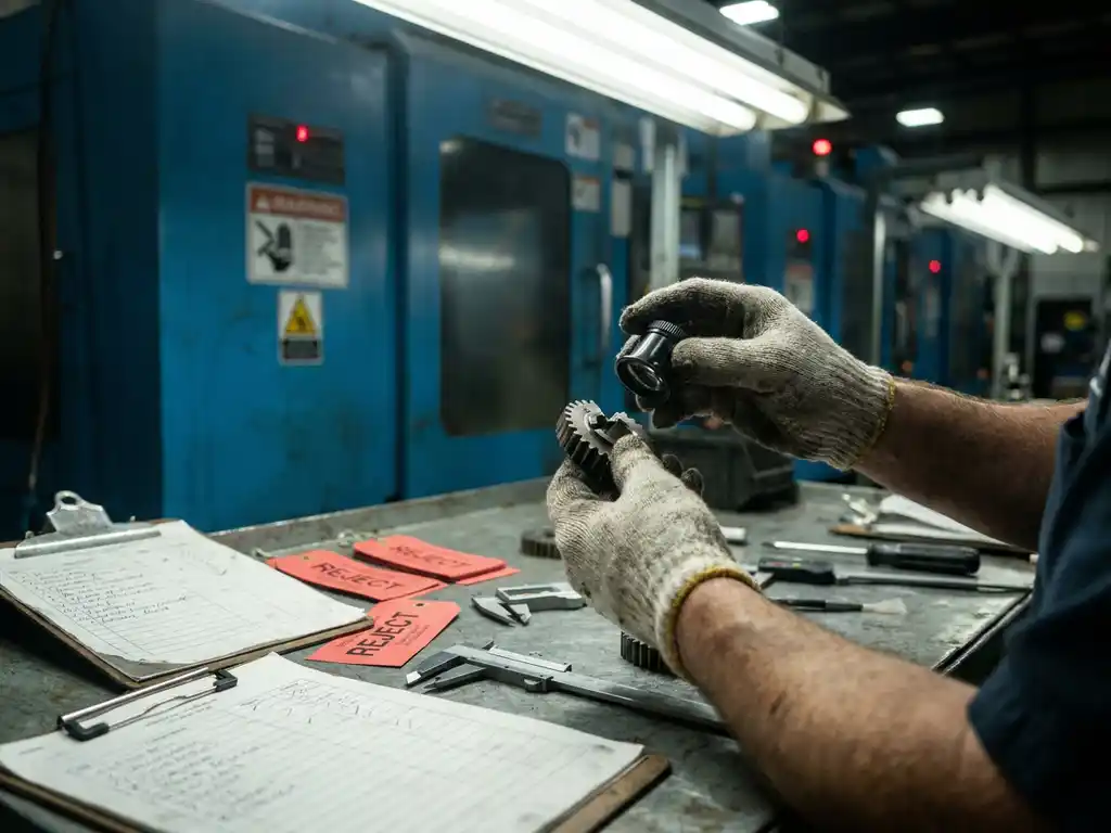 Fabrieksmedewerker inspecteert defect productonderdeel op metalen controletafel met rode waarschuwingslabels en kwaliteitsdocumentatie
