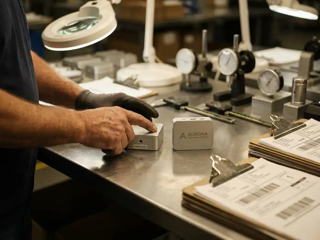 Fabrieksmedewerker inspecteert twee identieke consumentenproducten op stalen controle tafel met kwaliteitsborgingsapparatuur