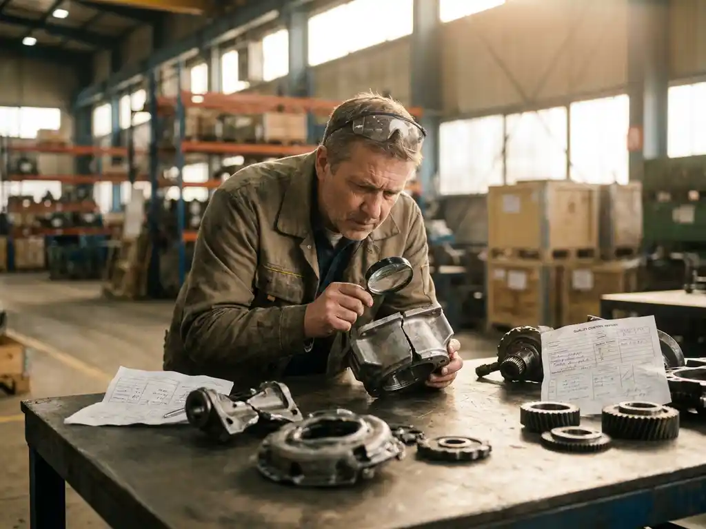 Fabrieksmanager onderzoekt defect product met vergrootglas op metalen inspectietafel met kwaliteitsrapporten