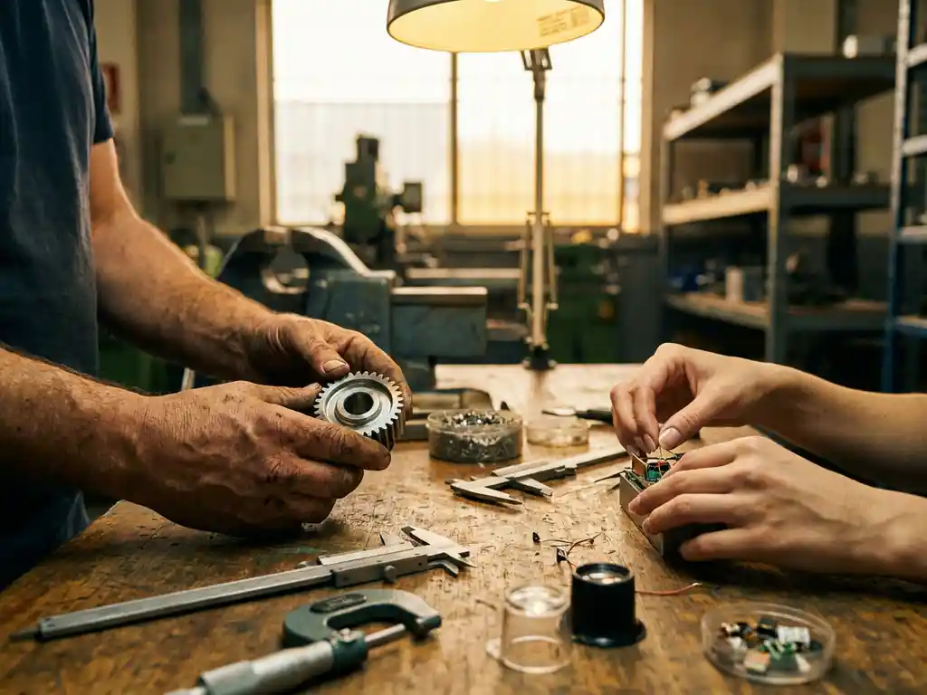 Ervaren fabrieksarbeider inspecteert precisieonderdeel terwijl collega elektronische componenten assembleert aan houten werkbank