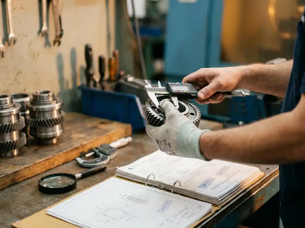 Kwaliteitsinspecteur meet precisie metalen onderdeel met schuifmaat op industriële werkbank met certificeringsdocumenten