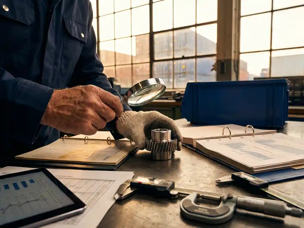 Kwaliteitsinspecteur onderzoekt precisiecomponent met vergrootglas op industriële werkbank met meetinstrumenten