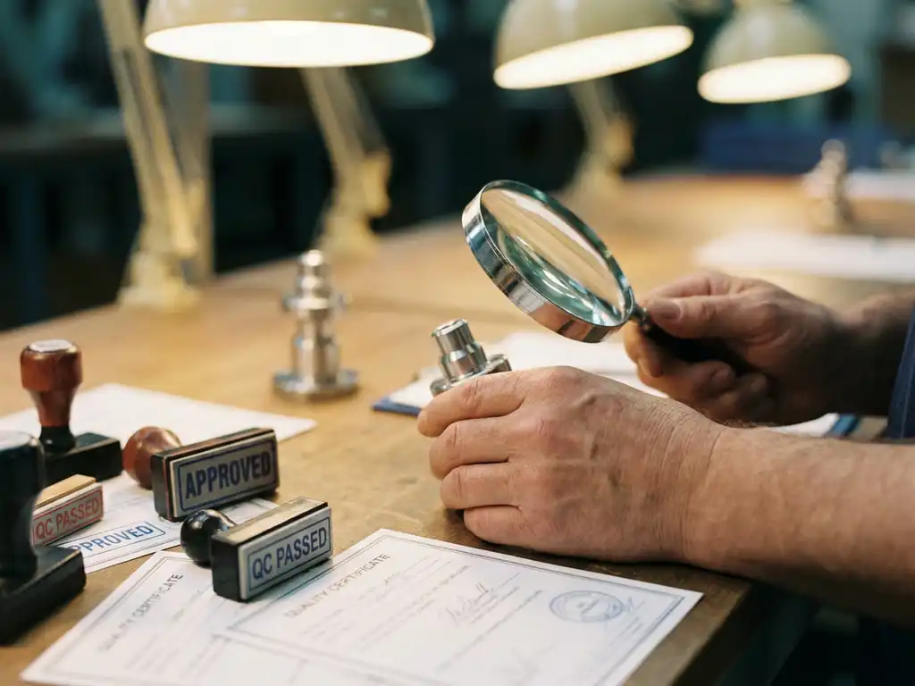 Kwaliteitsinspecteur onderzoekt productprototype met vergrootglas op fabriekstafel, goedkeuringsstempels en certificaten zichtbaar