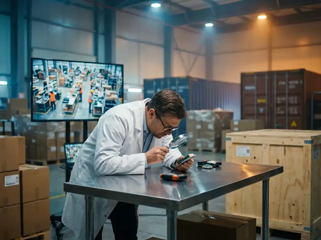Kwaliteitscontroleur in witte jas onderzoekt producten met vergrootglas op stalen inspectietafel, videoverbinding met fabriek op monitor