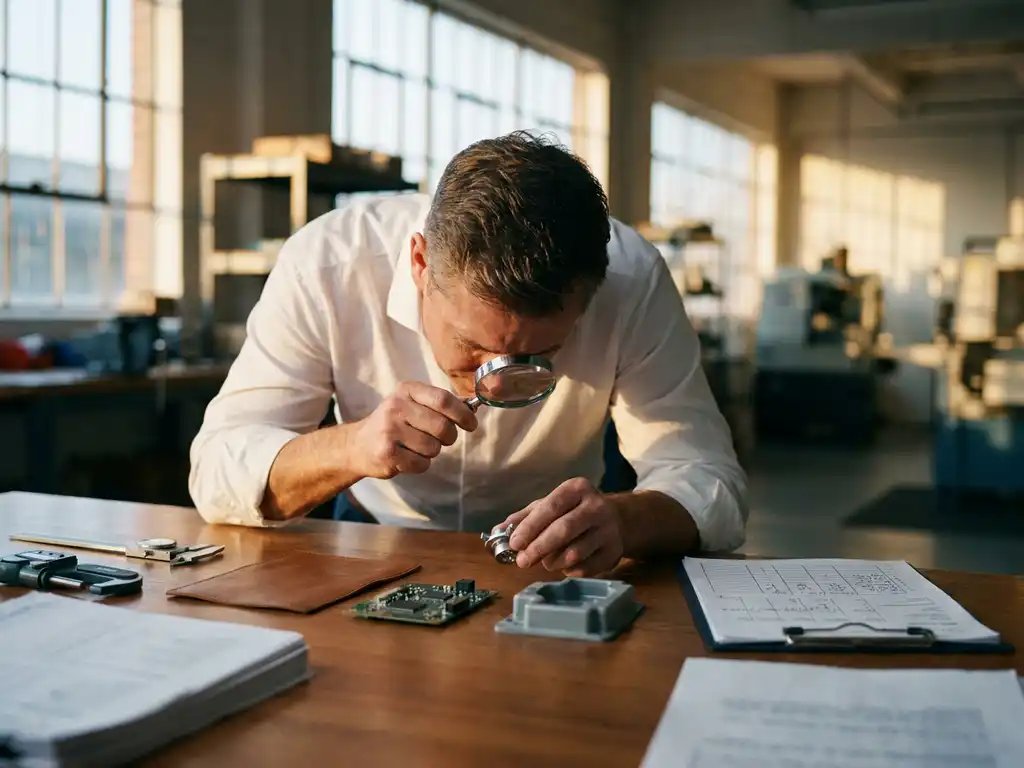 Professionele inspecteur onderzoekt productmonsters met vergrootglas op houten bureau omringd door kwaliteitscontrolegrafieken