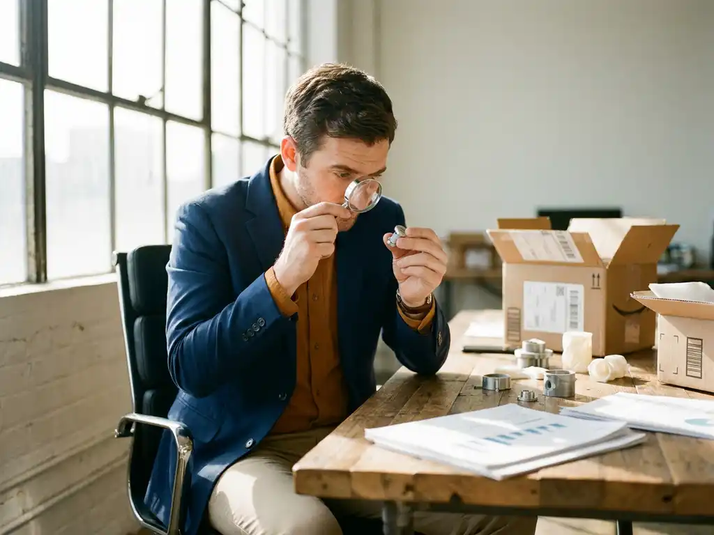 Zakelijke professional inspecteert productmonster met vergrootglas op modern bureau omringd door prototypes en kwaliteitscontroledocumenten
