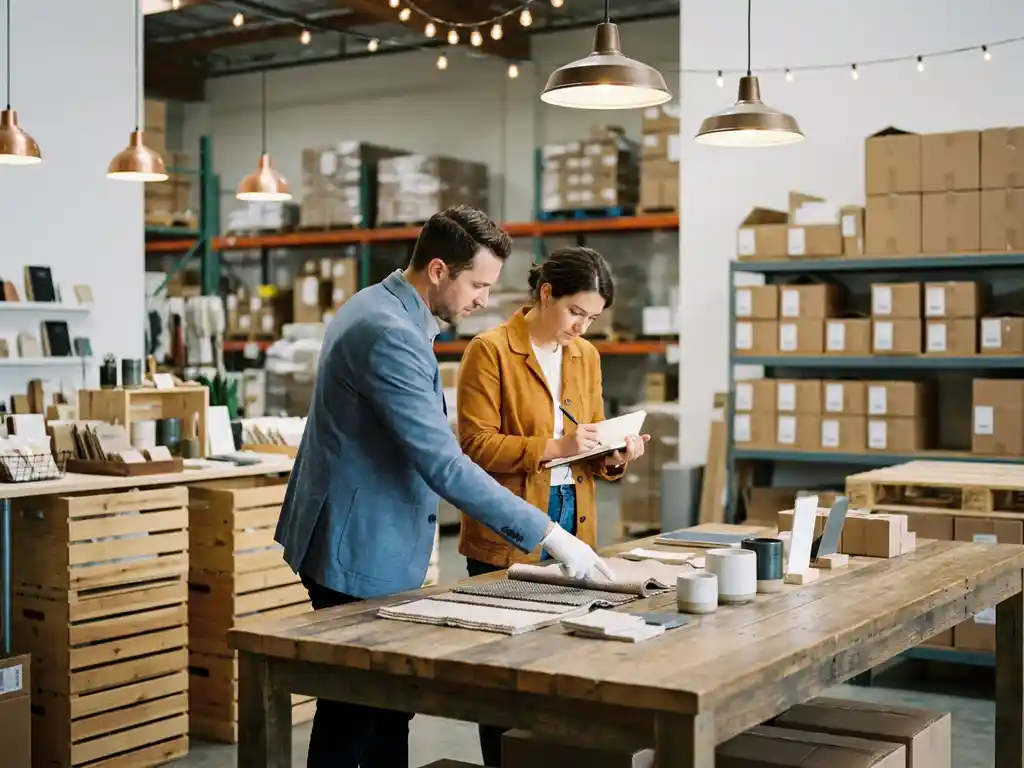 Twee zakelijke professionals onderzoeken productmonsters samen aan moderne magazijntafel, omringd door georganiseerde containers
