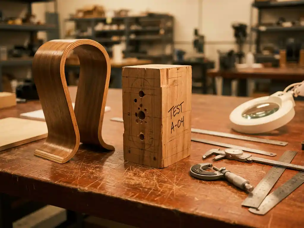 Houten werkbank met gepolijst eindproduct en ruwe prototype naast kwaliteitscontrole-instrumenten en meetgereedschap