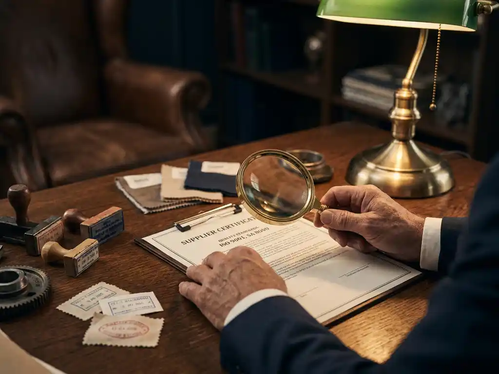 Zakenman onderzoekt leverancierscertificaat met vergrootglas op houten bureau, omringd door verzendstempels en productmonsters