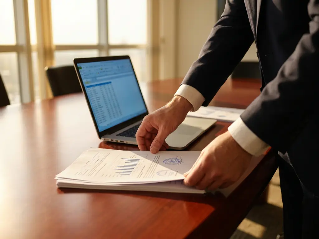 Zakenman organiseert productspecificaties en kwaliteitscertificaten op houten vergadertafel met laptop