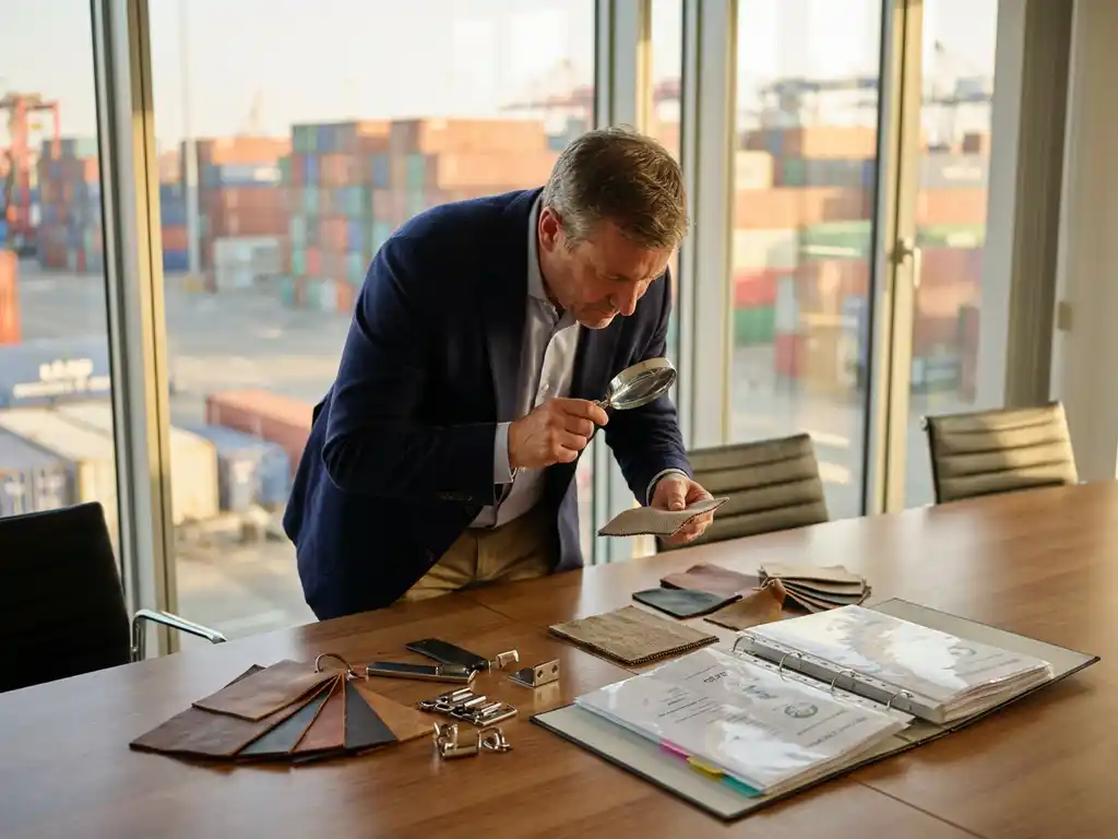 Zakelijke consultant onderzoekt productmonsters en leveranciersdocumenten op vergadertafel met vergrootglas, containers op achtergrond