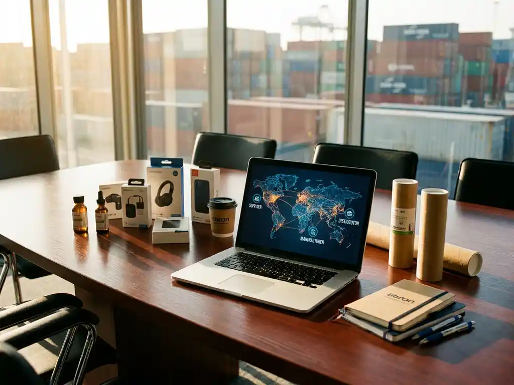 Laptop toont digitale leverancierskaart op houten vergadertafel met productmonsters en containers op achtergrond
