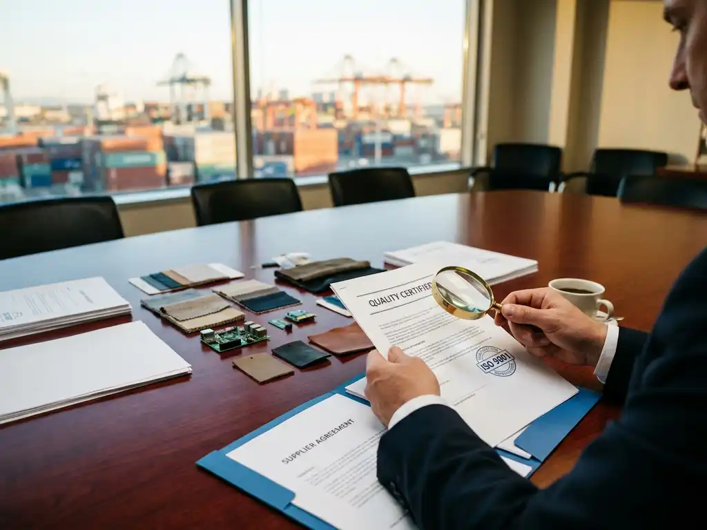 Zakenman onderzoekt productmonsters en leverancierscontracten op houten vergadertafel met vergrootglas en containers op achtergrond
