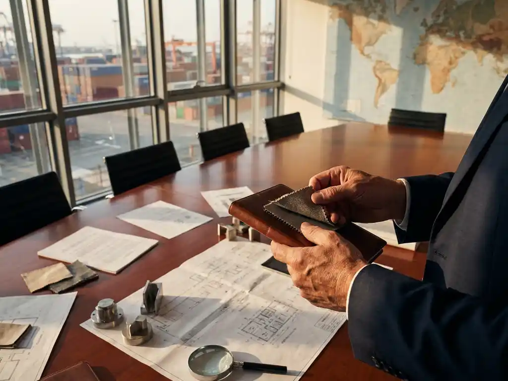 Zakenman onderzoekt productmonsters en leveranciersdocumenten op houten vergadertafel met wereldkaart en containers op achtergrond