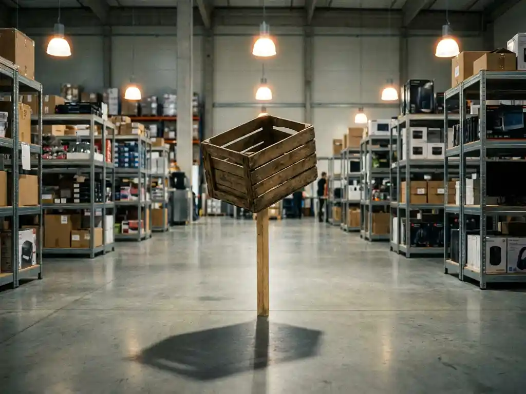 Houten krat balanceert op dunne paal in modern magazijn met metalen stellingen vol producten op betonnen vloer