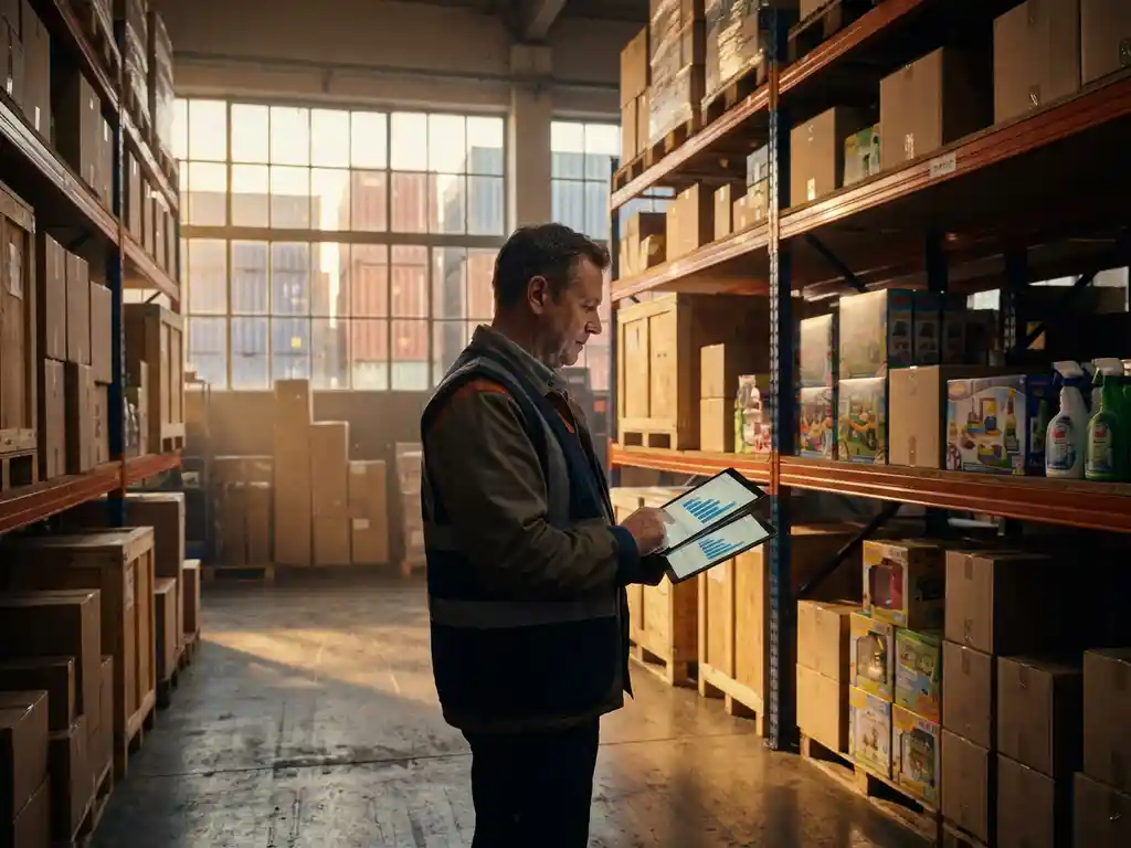 Magazijnmanager controleert voorraadniveaus op digitale tablet tussen hoge stellingen vol consumentenproducten