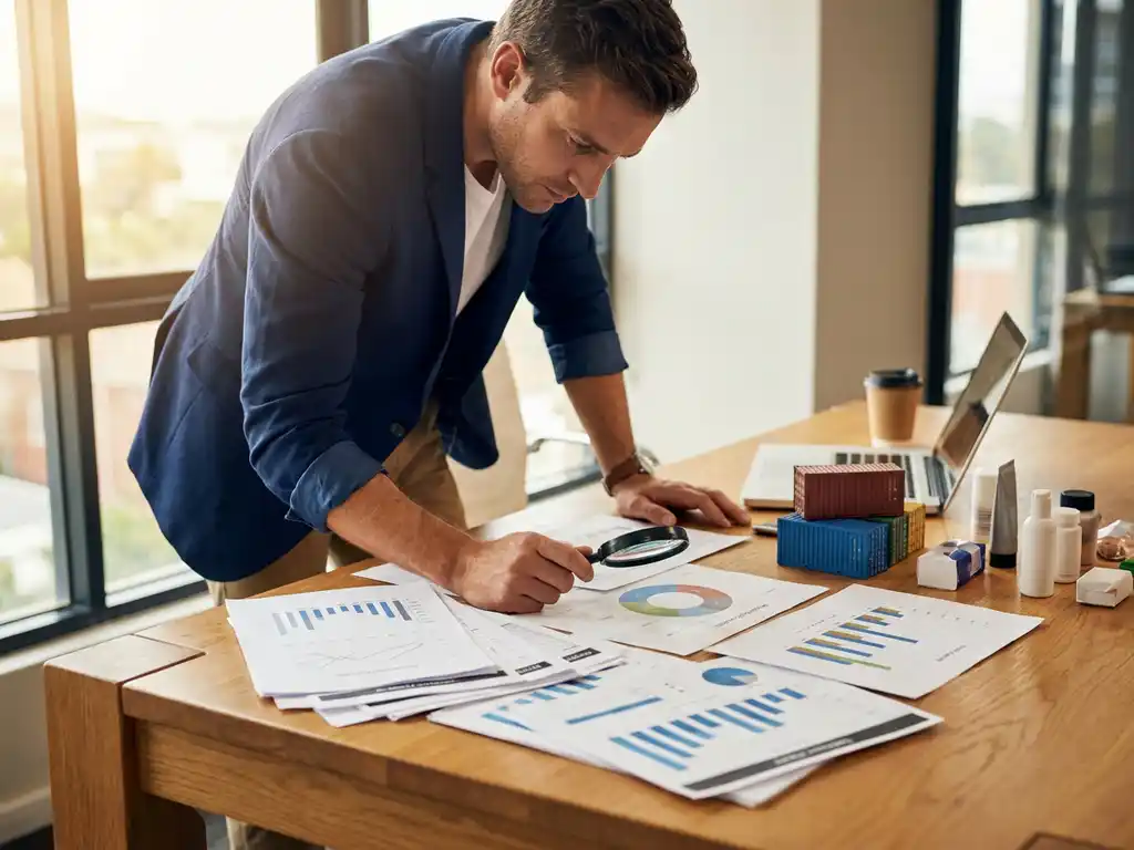 Professionele analist onderzoekt prestatiegrafieken met vergrootglas op modern kantoorbureau, scheepvaartcontainers en productmonsters nabij