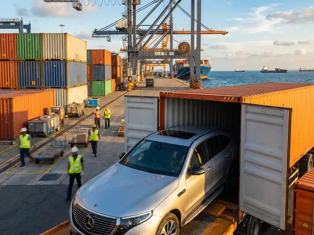 Consumentenproduct komt uit geopende zeecontainer op drukke internationale haven met hijskranen en dokwerkers