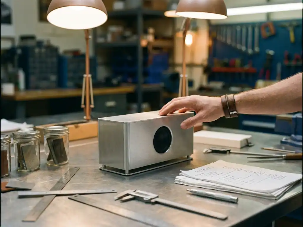 Gedetailleerd productprototype op gepolijste werkbank omringd door fabricagetools, schuifmaten en materiaalmonsters