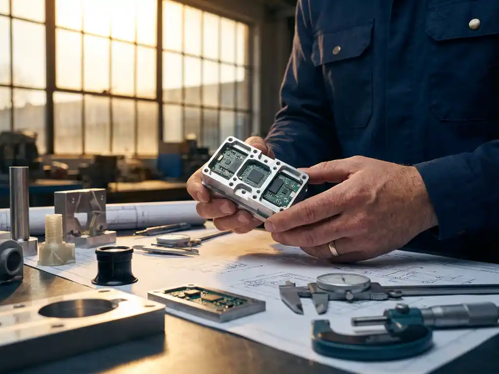 Ingenieurshanden onderzoeken productprototype op werkbank met technische tekeningen en meetgereedschap in gouden licht