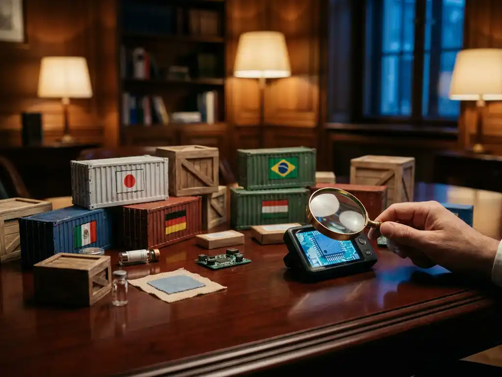 Miniatuur zeecontainers en houten kisten met landenvlaggen op mahonie vergadertafel, vergrootglas inspecteert elektronisch apparaat