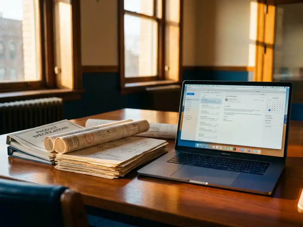 Stapel productiedocumenten met technische tekeningen en kwaliteitscertificaten op houten bureau naast laptop met leverancierscommunicatie