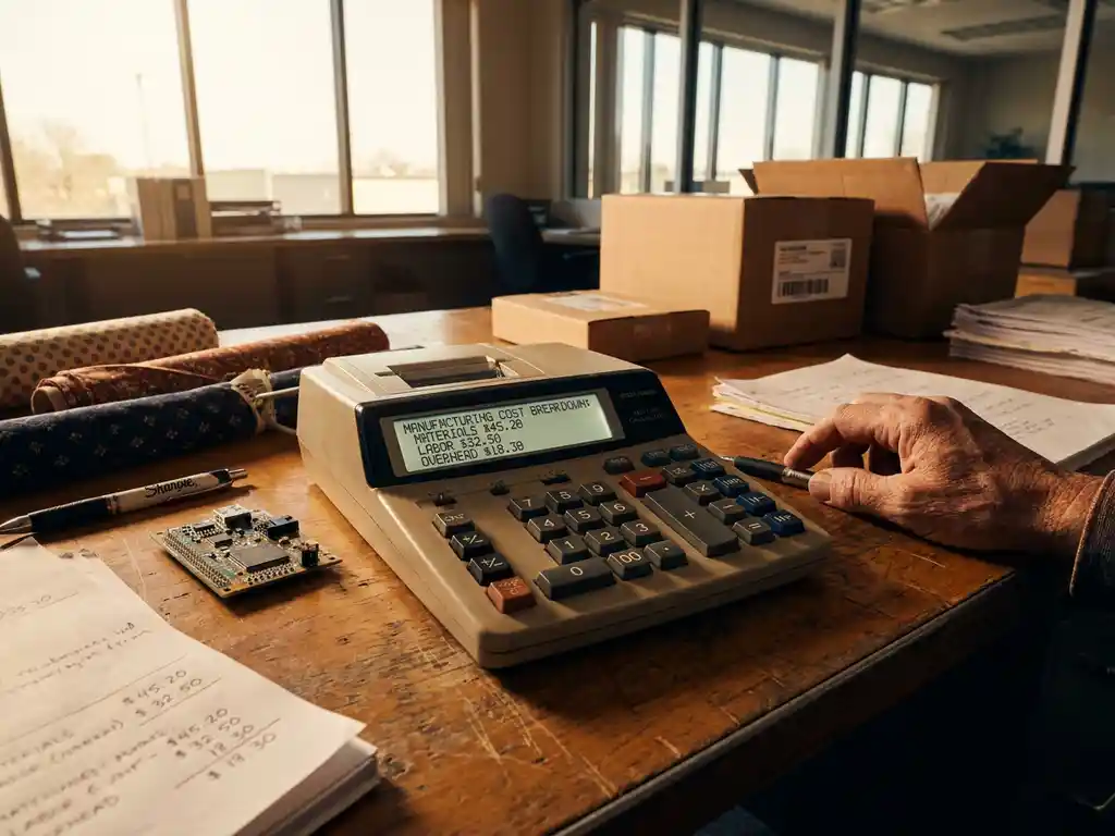 Calculator met productiekostenoverzicht op houten bureau omringd door productmonsters, verzendboxen en fabricagedocumenten in kantoor met natuurlijk licht
