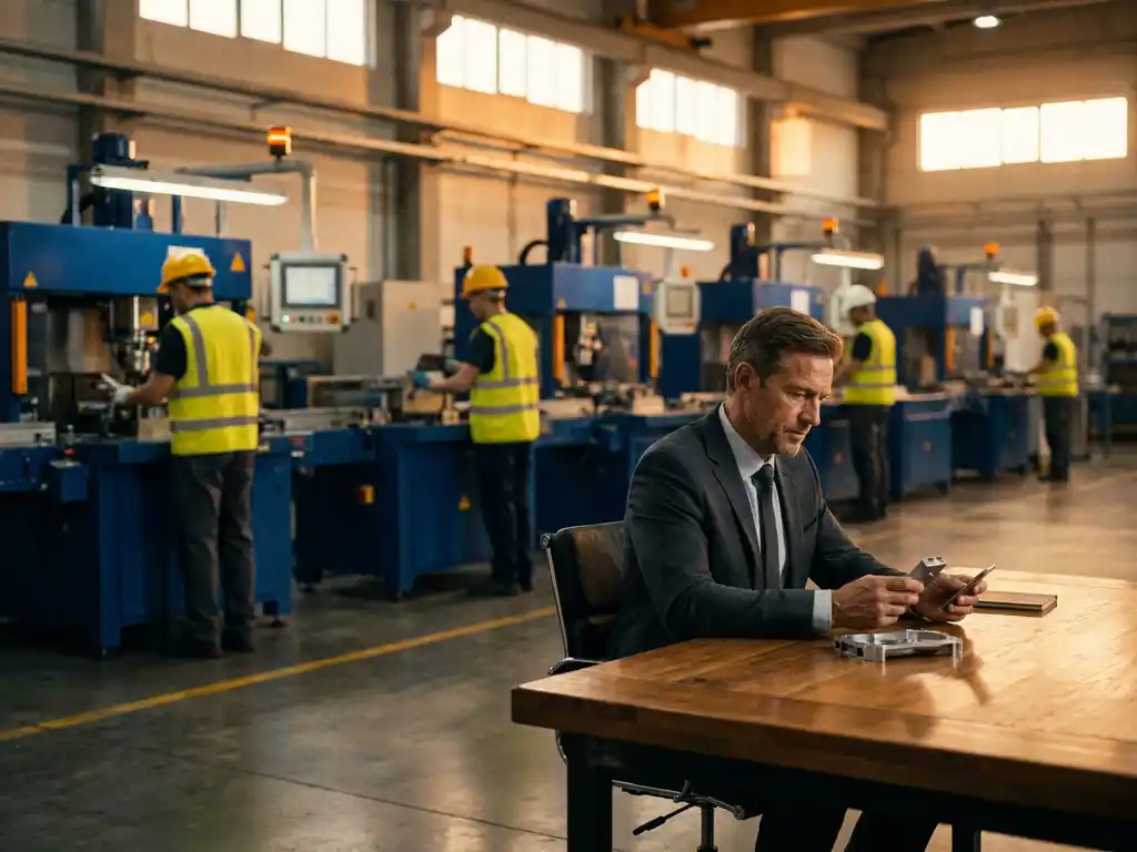 Bedrijfsleider in donker pak inspecteert productmonsters terwijl fabrieksmedewerkers in veiligheidsvesten aan productielijnen werken op drukke fabrieksvloer
