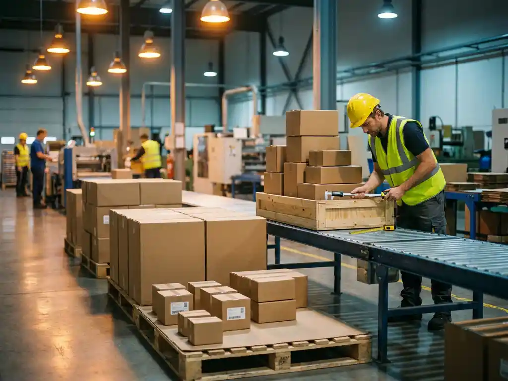 Fabriekslijn met gestapelde kartonnen dozen in verschillende maten terwijl kwaliteitsinspecteur in veiligheidsvest producten controleert