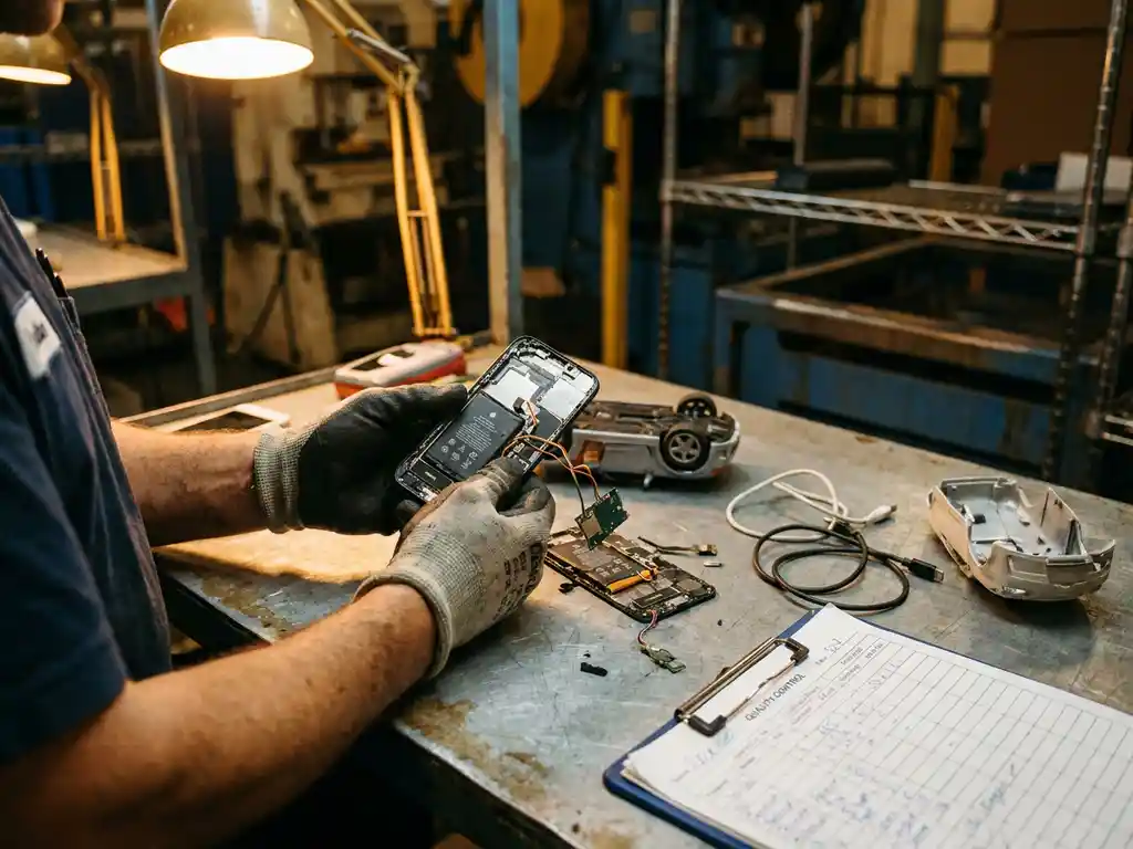 Fabrieksarbeider houdt kapotte smartphone met zichtbare interne onderdelen vast op metalen inspectietafel met defecte producten